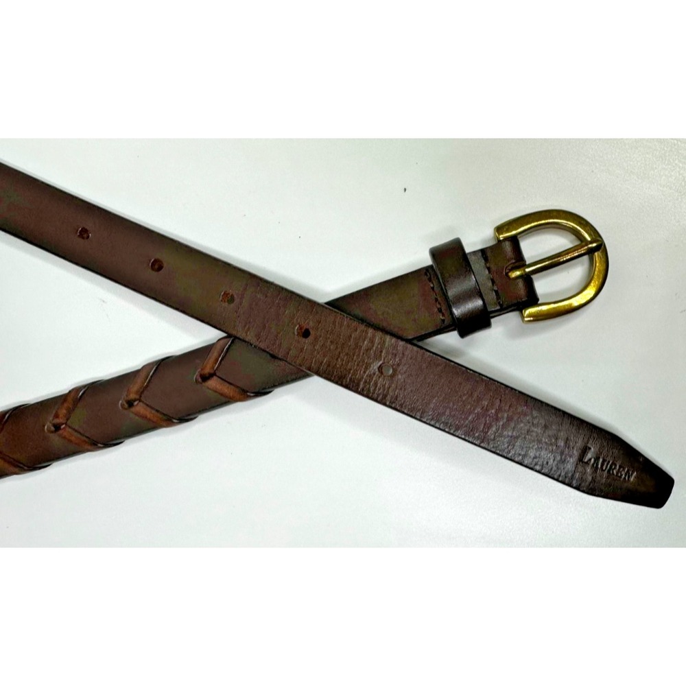 Lauren Ralph Lauren Brown Leather Belt Woven Skinny Sz L Chevron Braided
